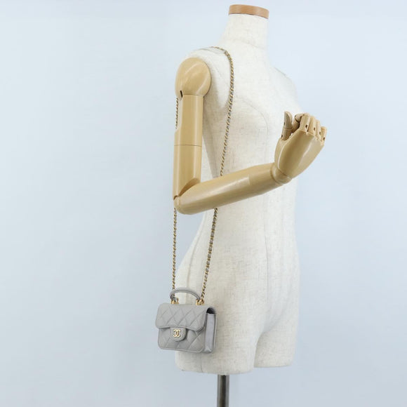 CHANEL Matelasse Chain Shoulder Pouch Lamb Skin 2way Gray Gold CC Auth 210693M