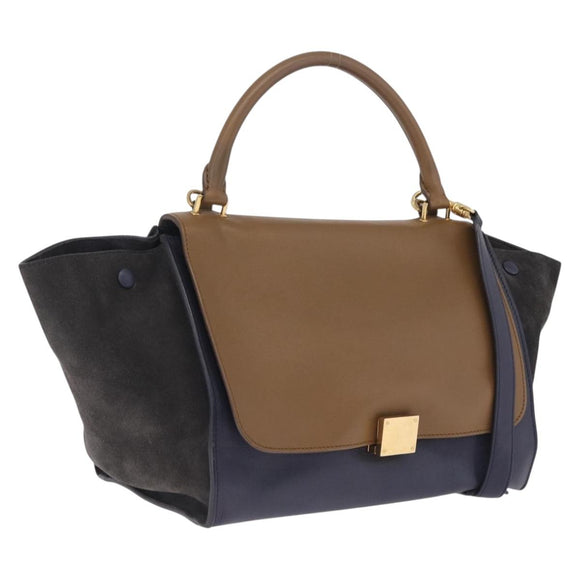 CELINE Trapeze Hand Bag Leather 2way Navy Gold Auth 210719V