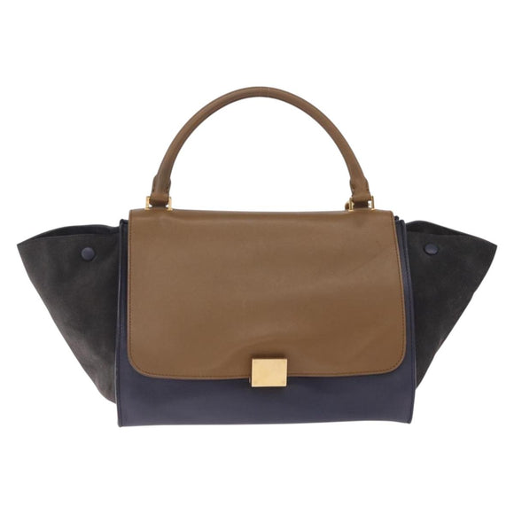 CELINE Trapeze Hand Bag Leather 2way Navy Gold Auth 210719V