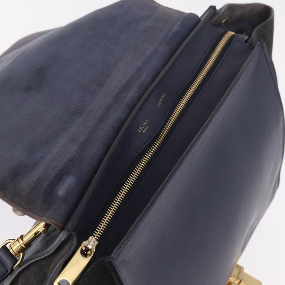 CELINE Trapeze Hand Bag Leather 2way Navy Gold Auth 210719V