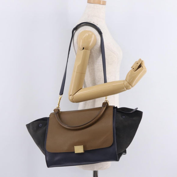 CELINE Trapeze Hand Bag Leather 2way Navy Gold Auth 210719V