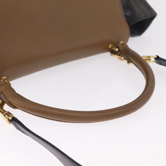 CELINE Trapeze Hand Bag Leather 2way Navy Gold Auth 210719V