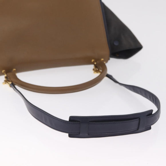 CELINE Trapeze Hand Bag Leather 2way Navy Gold Auth 210719V