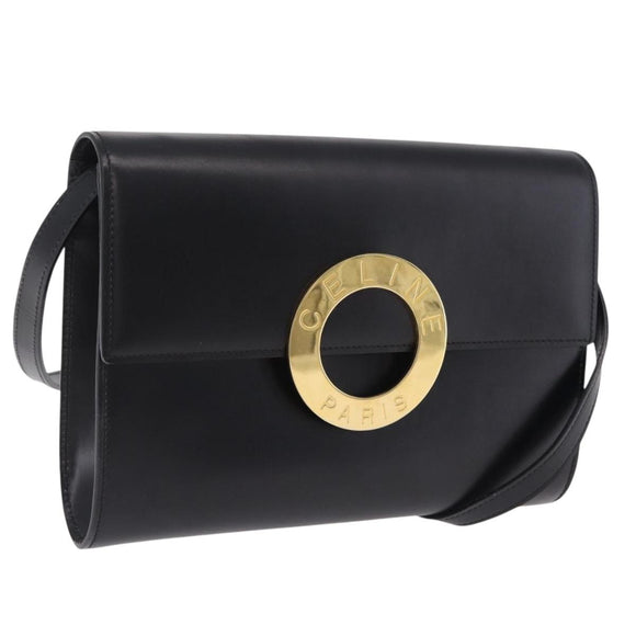 CELINE Circle Shoulder Bag Leather Black Gold Auth 210731V