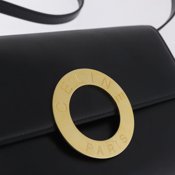 CELINE Circle Shoulder Bag Leather Black Gold Auth 210731V