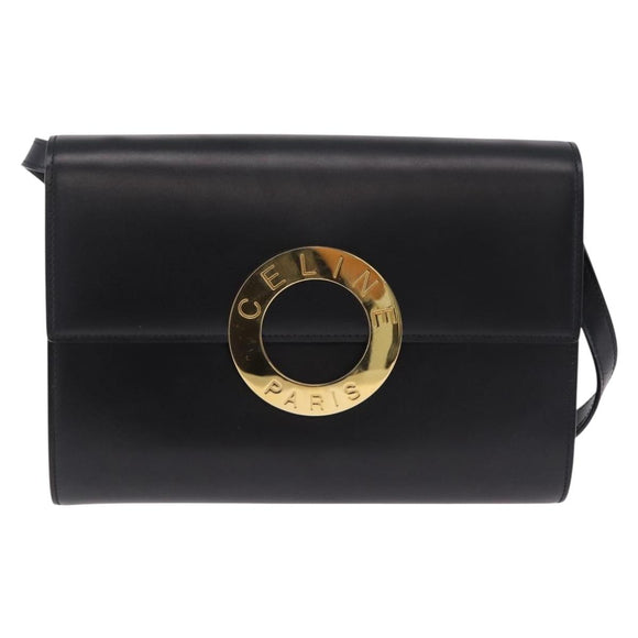 CELINE Circle Shoulder Bag Leather Black Gold Auth 210731V