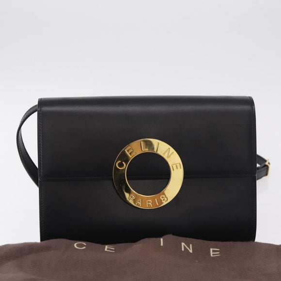 CELINE Circle Shoulder Bag Leather Black Gold Auth 210731V