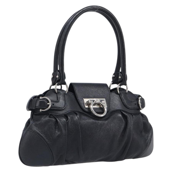 Salvatore Ferragamo Gancini Hand Bag Leather Black Silver Auth 210733V