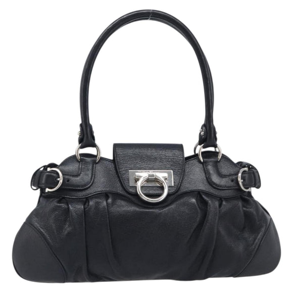 Salvatore Ferragamo Gancini Hand Bag Leather Black Silver Auth 210733V