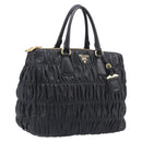 PRADA Gathered Hand Bag Leather Black Gold Auth 210740V-1
