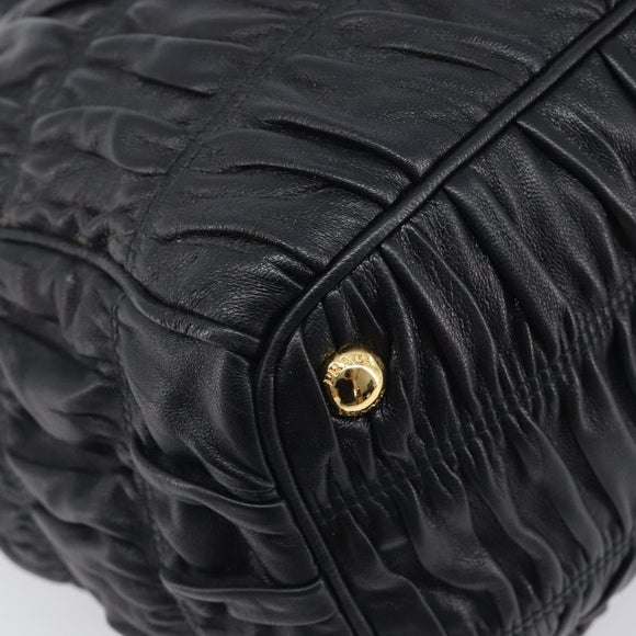 PRADA Gathered Hand Bag Leather Black Gold Auth 210740V