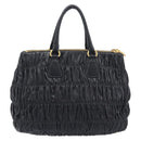 PRADA Gathered Hand Bag Leather Black Gold Auth 210740V-3