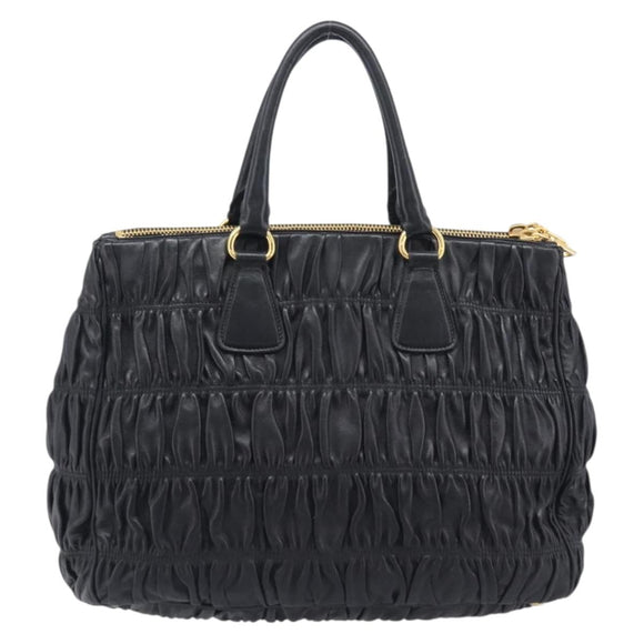 PRADA Gathered Hand Bag Leather Black Gold Auth 210740V