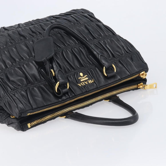PRADA Gathered Hand Bag Leather Black Gold Auth 210740V