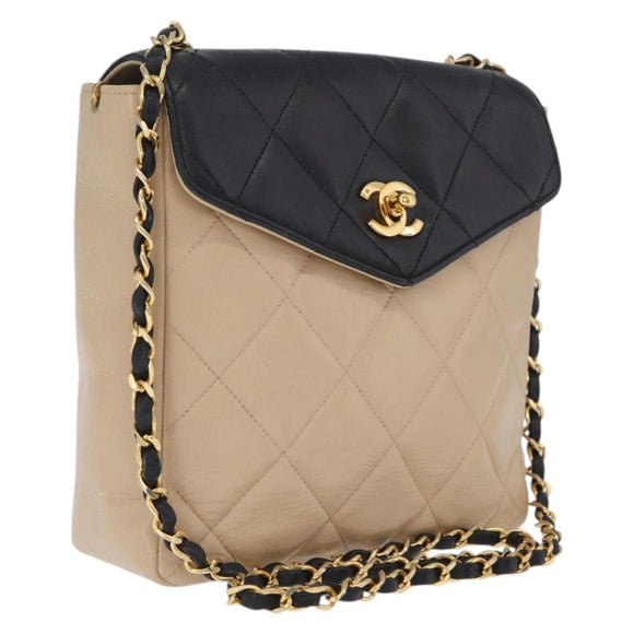 CHANEL Matelasse Chain Shoulder Bag Lamb Skin Beige Gold CC Auth 210755