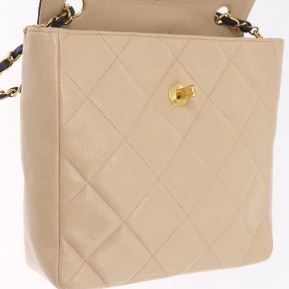 CHANEL Matelasse Chain Shoulder Bag Lamb Skin Beige Gold CC Auth 210755