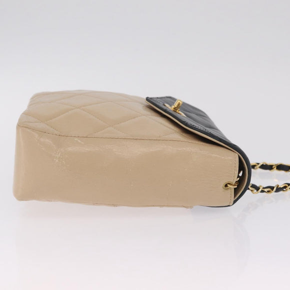 CHANEL Matelasse Chain Shoulder Bag Lamb Skin Beige Gold CC Auth 210755