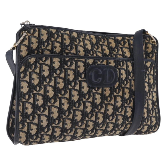 Christian Dior Trotter Canvas Shoulder Bag Navy Gold Auth 210768