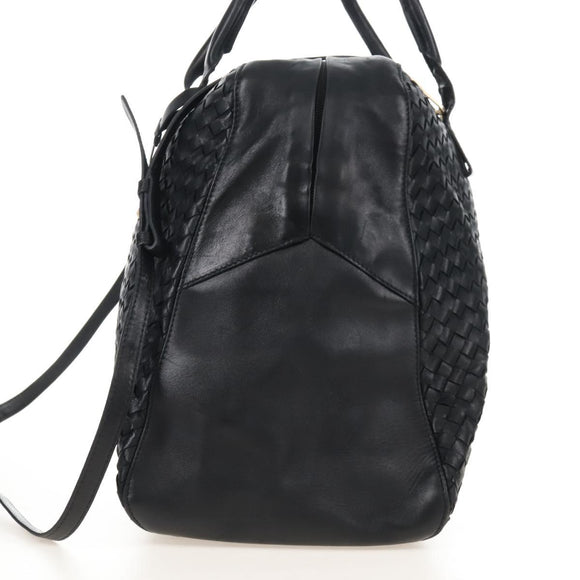 Bottega Veneta INTRECCIATO Boston Bag Leather 2way Black Gold Auth 210774V