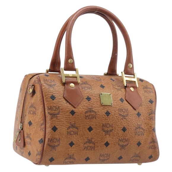 MCM Vicetos Logogram Boston Bag PVC Leather Brown Gold Auth 210787