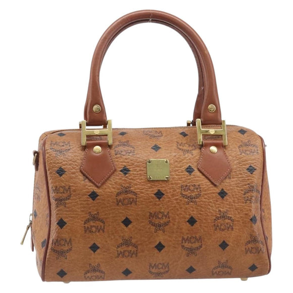 MCM Vicetos Logogram Boston Bag PVC Leather Brown Gold Auth 210787