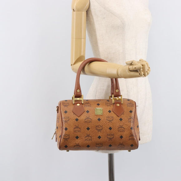 MCM Vicetos Logogram Boston Bag PVC Leather Brown Gold Auth 210787