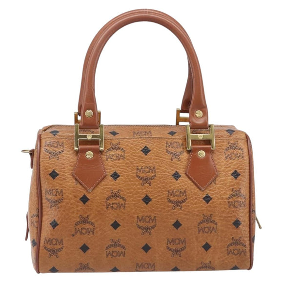MCM Vicetos Logogram Boston Bag PVC Leather Brown Gold Auth 210787
