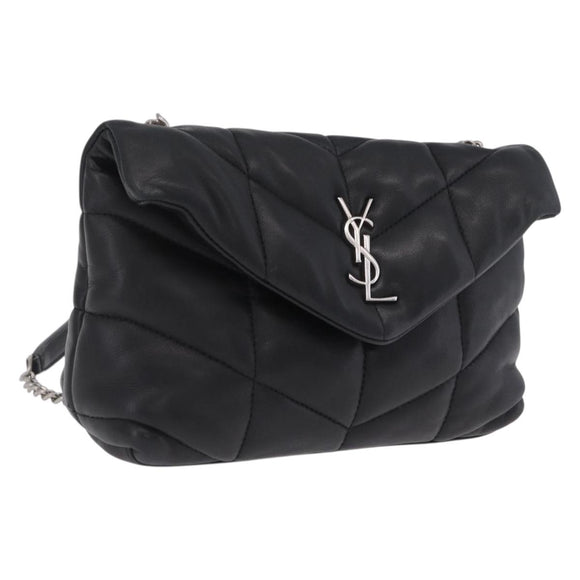 Saint Laurent Chain Lulu Shoulder Bag Leather Black Silver Auth 210788V