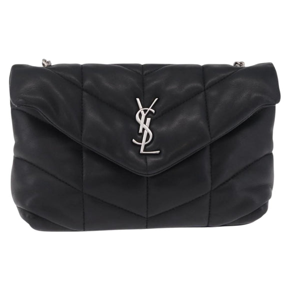 Saint Laurent Chain Lulu Shoulder Bag Leather Black Silver Auth 210788V