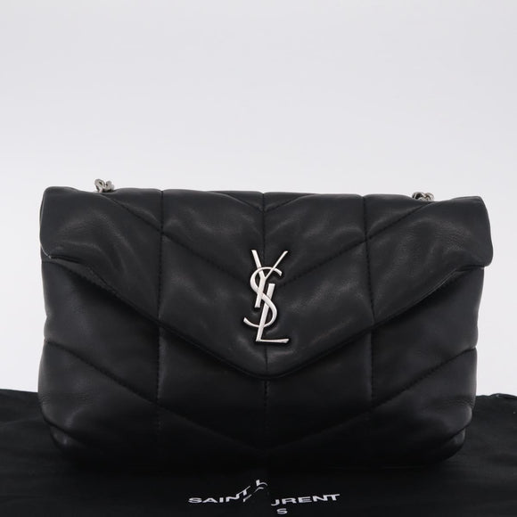 Saint Laurent Chain Lulu Shoulder Bag Leather Black Silver Auth 210788V