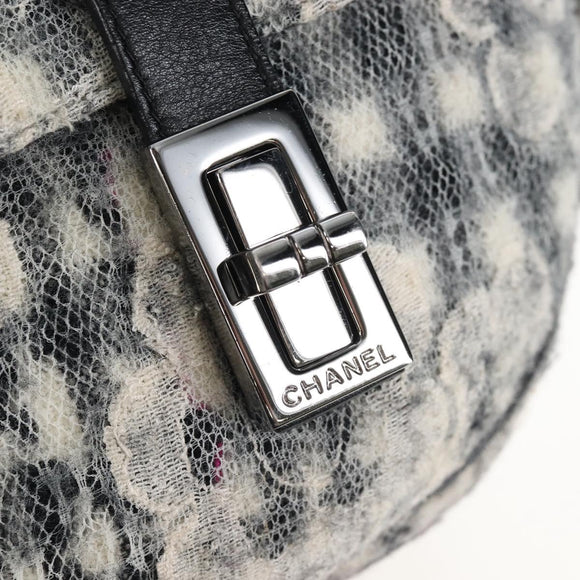 CHANEL Matelasse Camellia Chain Shoulder Bag tweed Gray Silver CC Auth 210823A