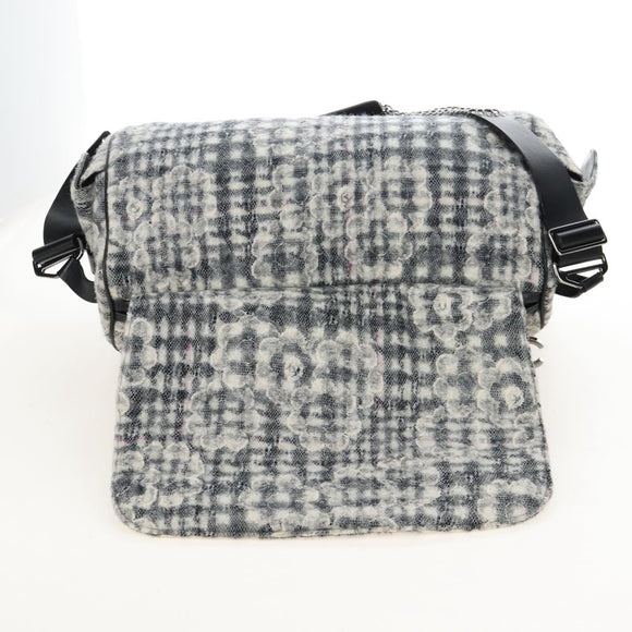CHANEL Matelasse Camellia Chain Shoulder Bag tweed Gray Silver CC Auth 210823A