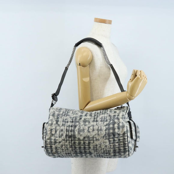CHANEL Matelasse Camellia Chain Shoulder Bag tweed Gray Silver CC Auth 210823A
