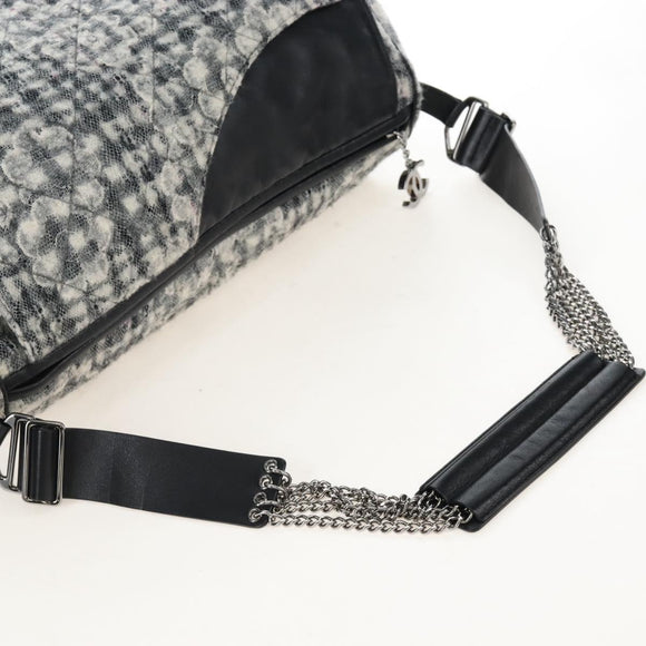 CHANEL Matelasse Camellia Chain Shoulder Bag tweed Gray Silver CC Auth 210823A