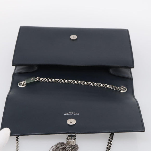 Saint Laurent Kate Chain Shoulder Bag Leather Navy Silver Auth 210824V