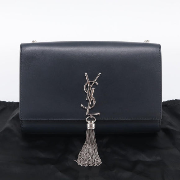 Saint Laurent Kate Chain Shoulder Bag Leather Navy Silver Auth 210824V