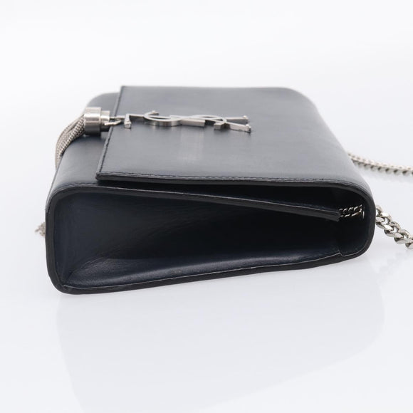Saint Laurent Kate Chain Shoulder Bag Leather Navy Silver Auth 210824V