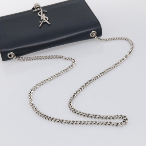 Saint Laurent Kate Chain Shoulder Bag Leather Navy Silver Auth 210824V