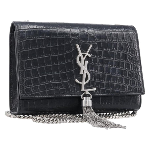 Saint Laurent Kate Chain Shoulder Bag Leather Black Silver Auth 210832V