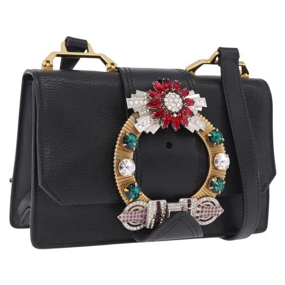 Miu Miu Madras Shoulder Bag Leather Black Gold Auth 210864M