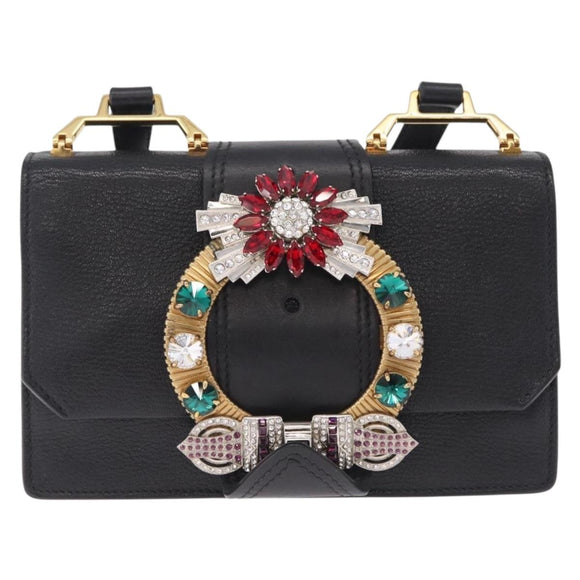 Miu Miu Madras Shoulder Bag Leather Black Gold Auth 210864M