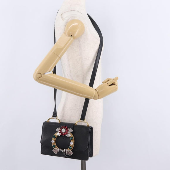 Miu Miu Madras Shoulder Bag Leather Black Gold Auth 210864M