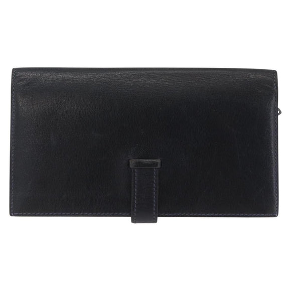 HERMES Bean Long Wallet Leather Black Gold Auth 210865A