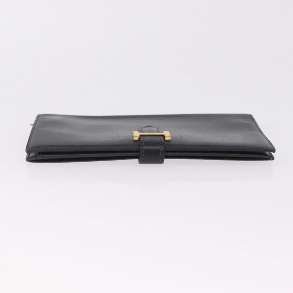 HERMES Bean Long Wallet Leather Black Gold Auth 210865A