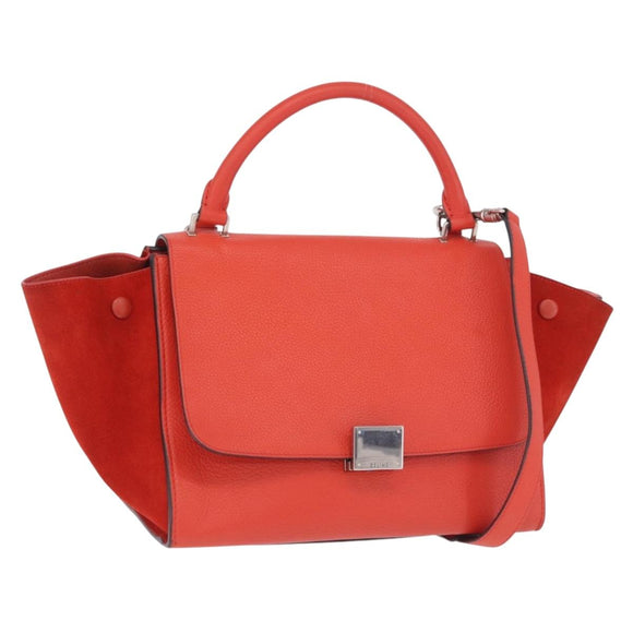CELINE Trapeze Hand Bag Leather 2way Red Silver Auth 210871A