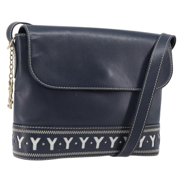 Saint Laurent Shoulder Bag Leather Navy Gold Auth 210914A