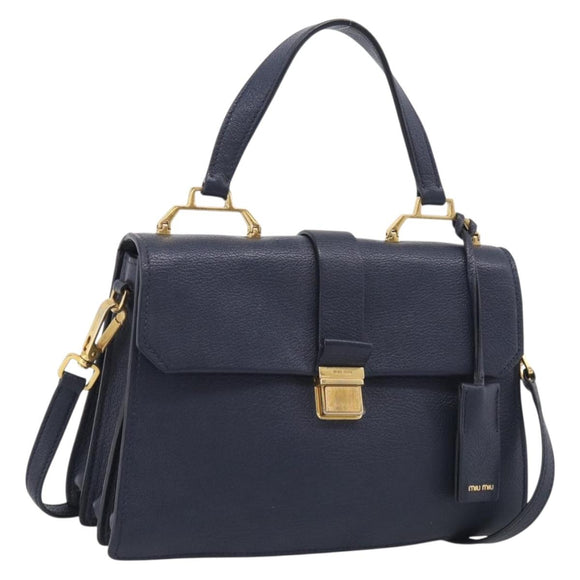 Miu Miu Madras Hand Bag Leather 2way Navy Gold Auth 210917A