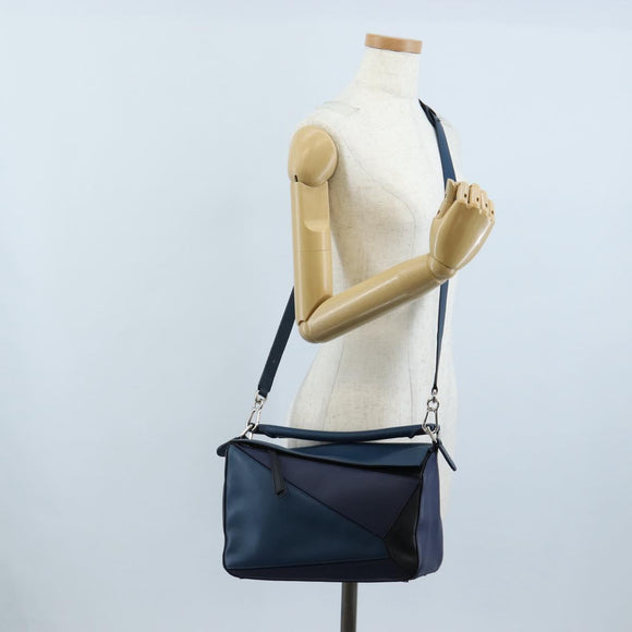 LOEWE Puzzle Hand Bag Leather 2way Blue Silver Auth 210927SAM