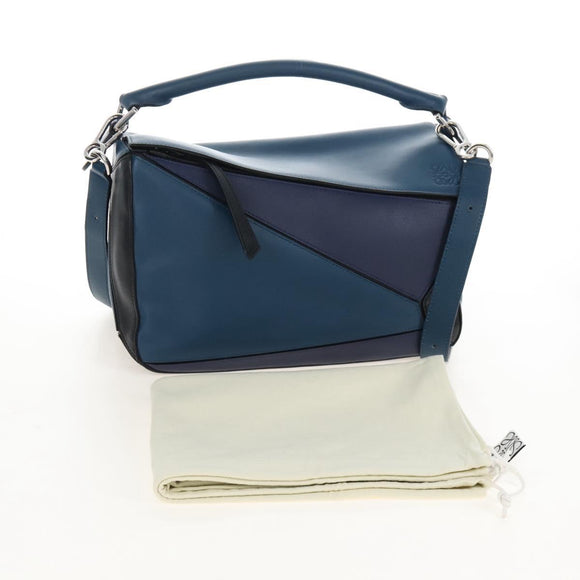 LOEWE Puzzle Hand Bag Leather 2way Blue Silver Auth 210927SAM