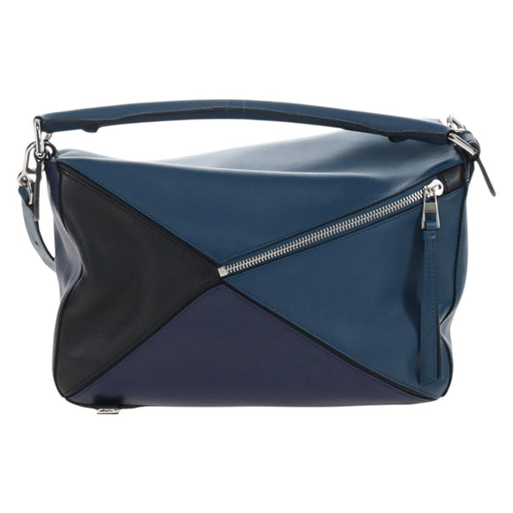 LOEWE Puzzle Hand Bag Leather 2way Blue Silver Auth 210927SAM